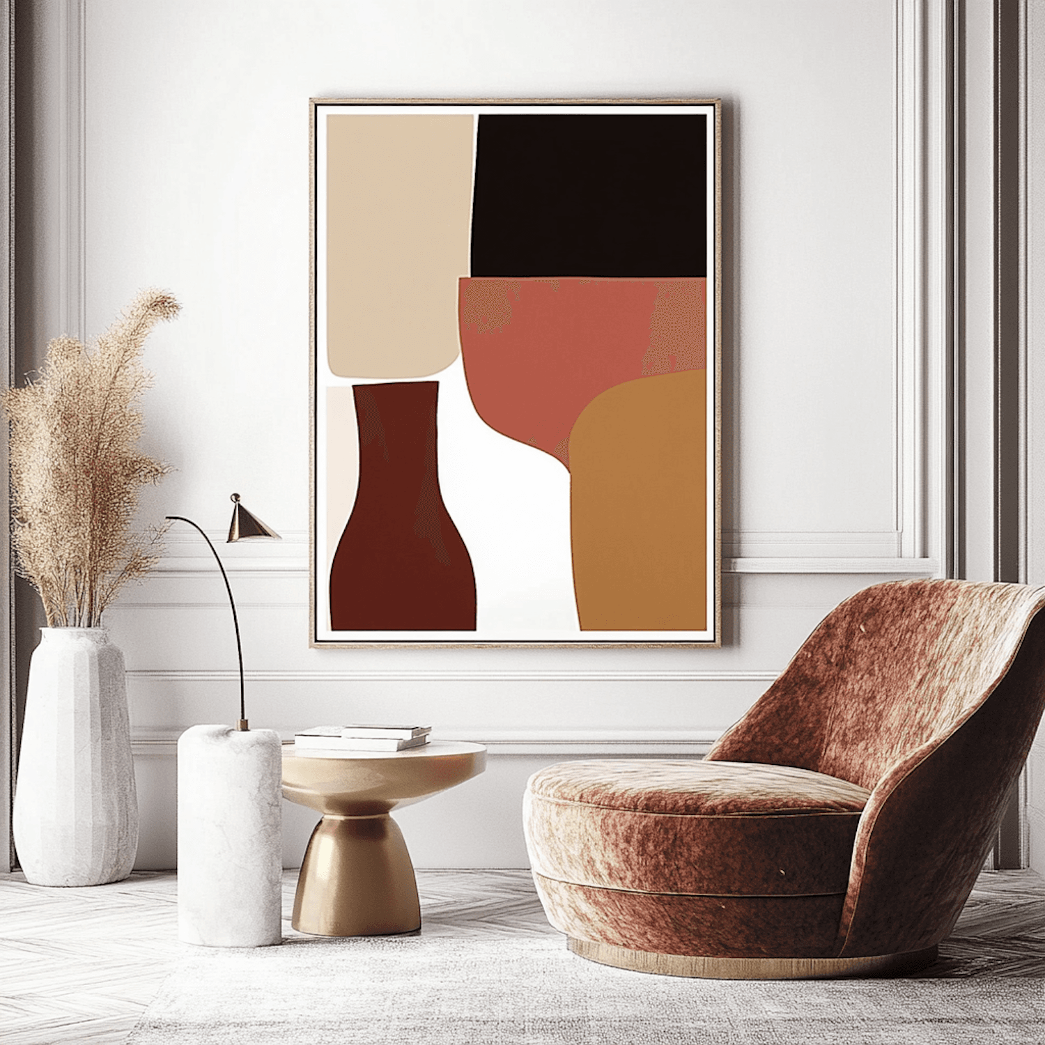 Abstract artwork in warm earthy tones above a velvet armchair