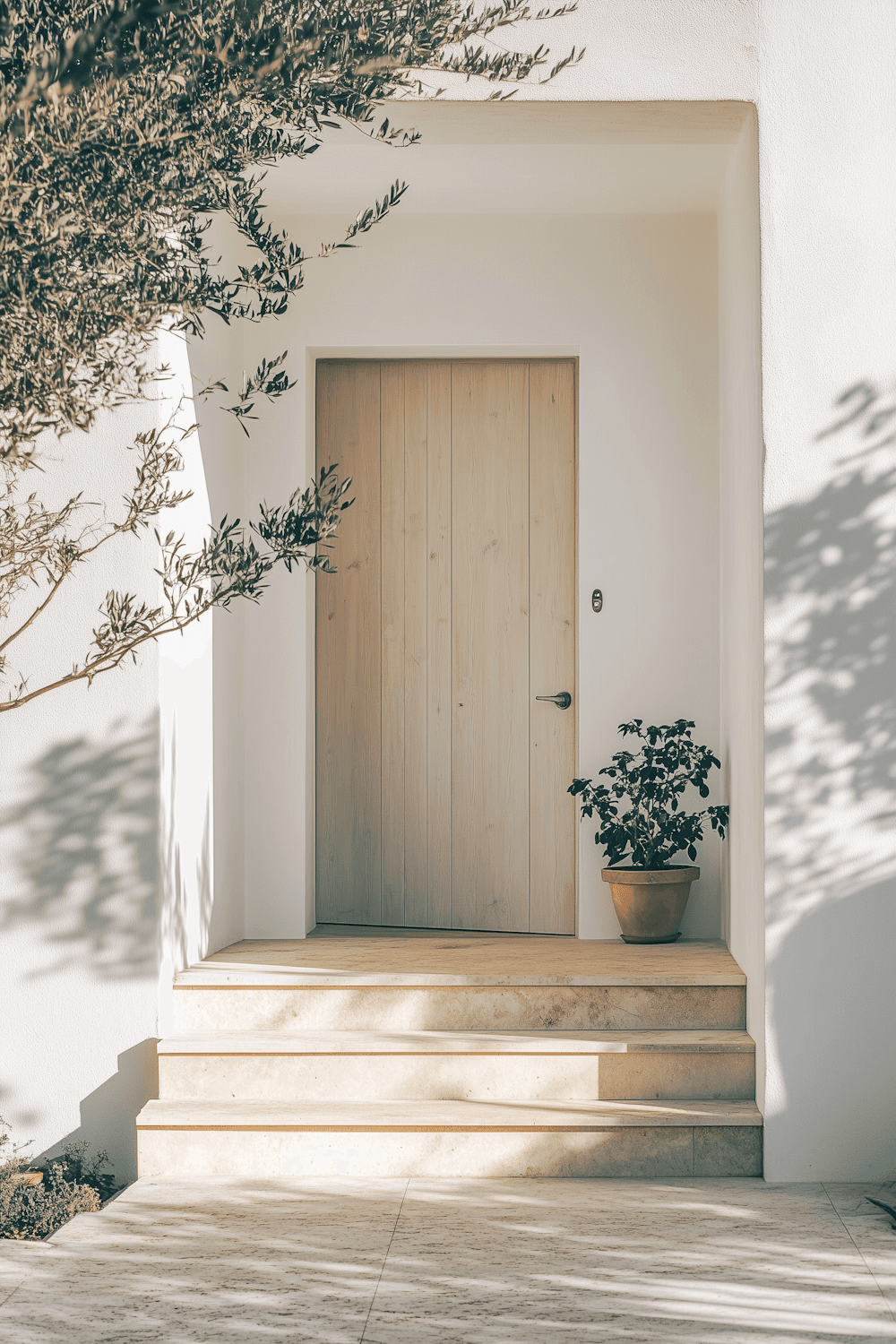Light wooden front door with stone steps and a potted plant in soft sunlight