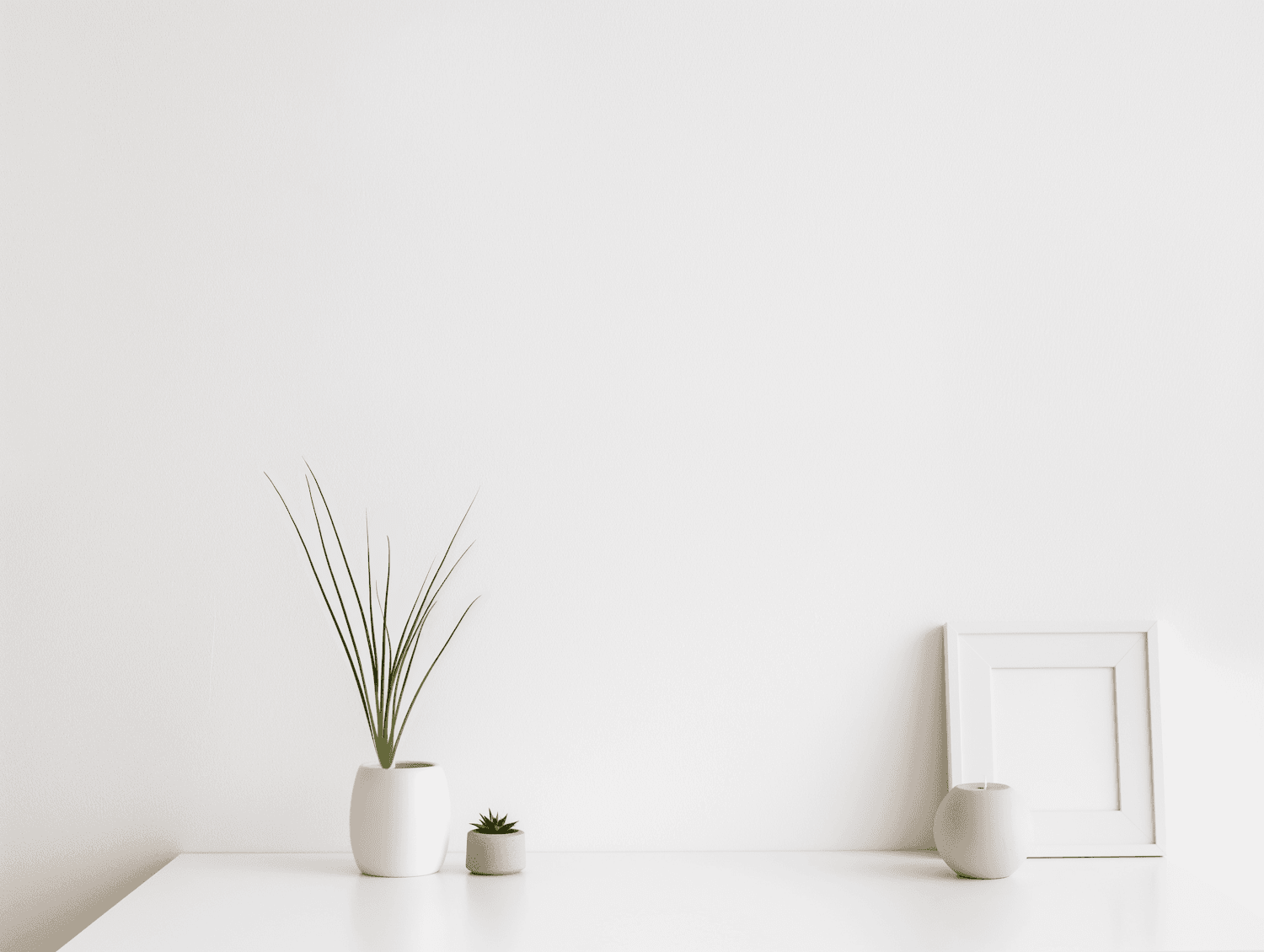 Minimal white tabletop with plants and a small standing frame