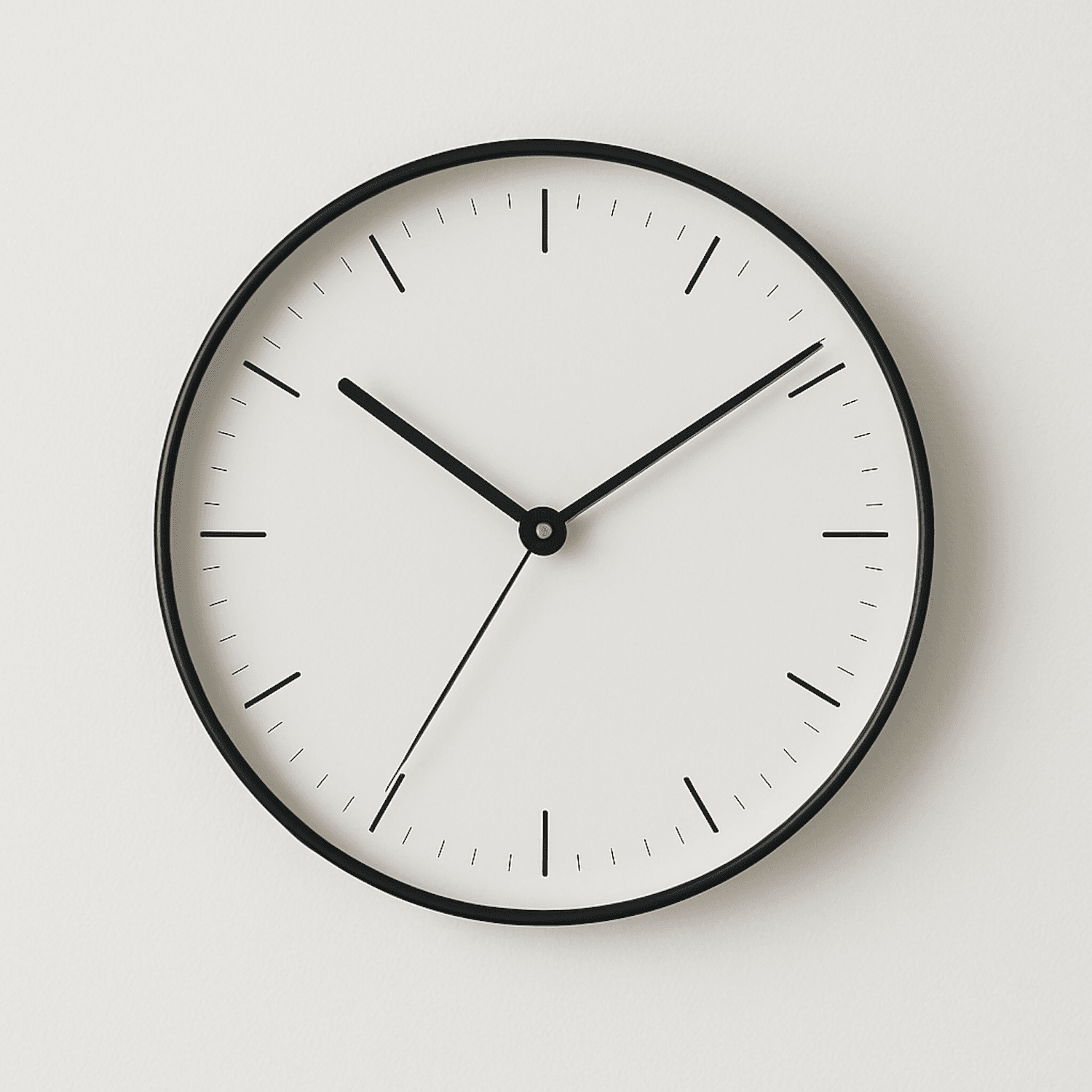 Minimal round wall clock with a white dial and black hands