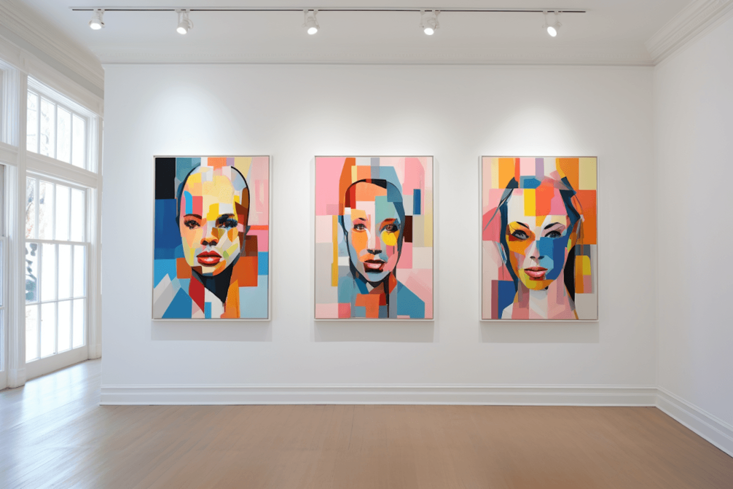 Three large colourful portrait prints hanging on a bright gallery wall